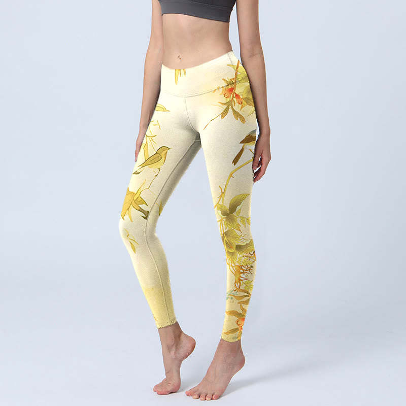 Light Yellow Peony Flowers Birds Print Sports Leggings Women's Yoga Pants