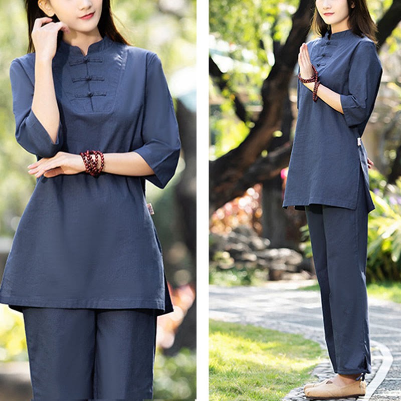 2Pcs Half Sleeve Shirt Top Pants Meditation Zen Tai Chi Cotton Linen Clothing Women's Set