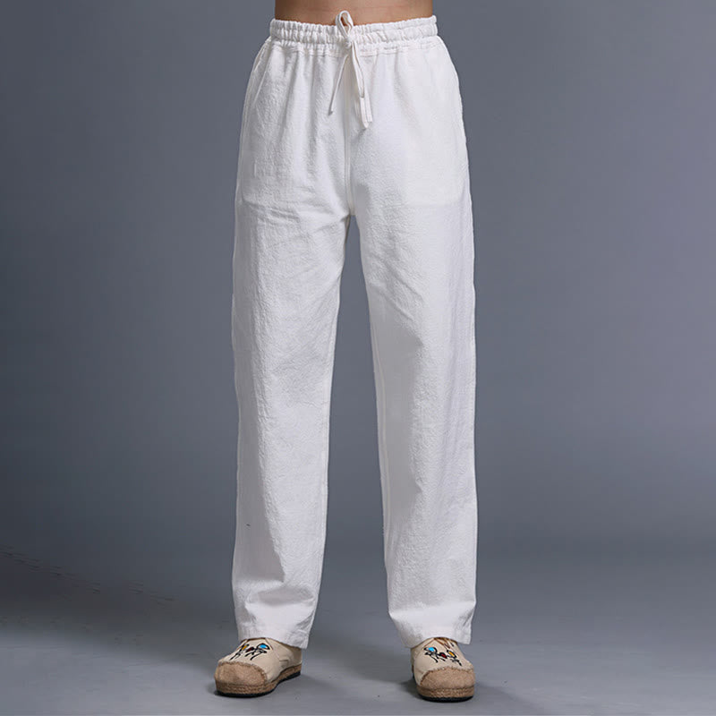 Casual Plain Color Drawstring Linen Men's Pants With Pockets