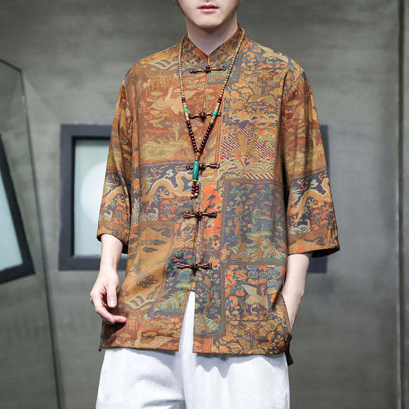 Landscape Chinese Dragon Pattern Chinese Three Quarter Sleeve Shirt Men T-shirt