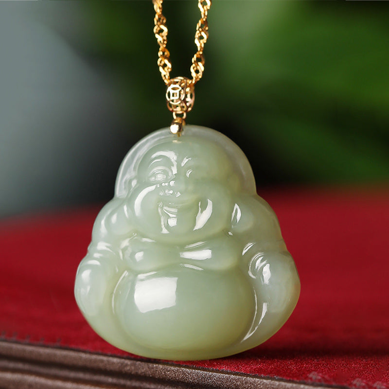 925 Sterling Silver Laughing mystic zen Cyan Jade 18K Gold Success Necklace Pendant