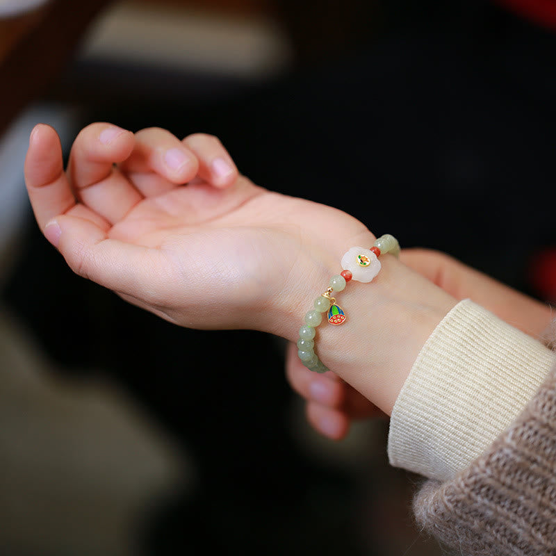 925 Sterling Silver Plated Gold Natural Hetian Jade Bead Gourd Lotus Bamboo Fu Character Luck Bracelet