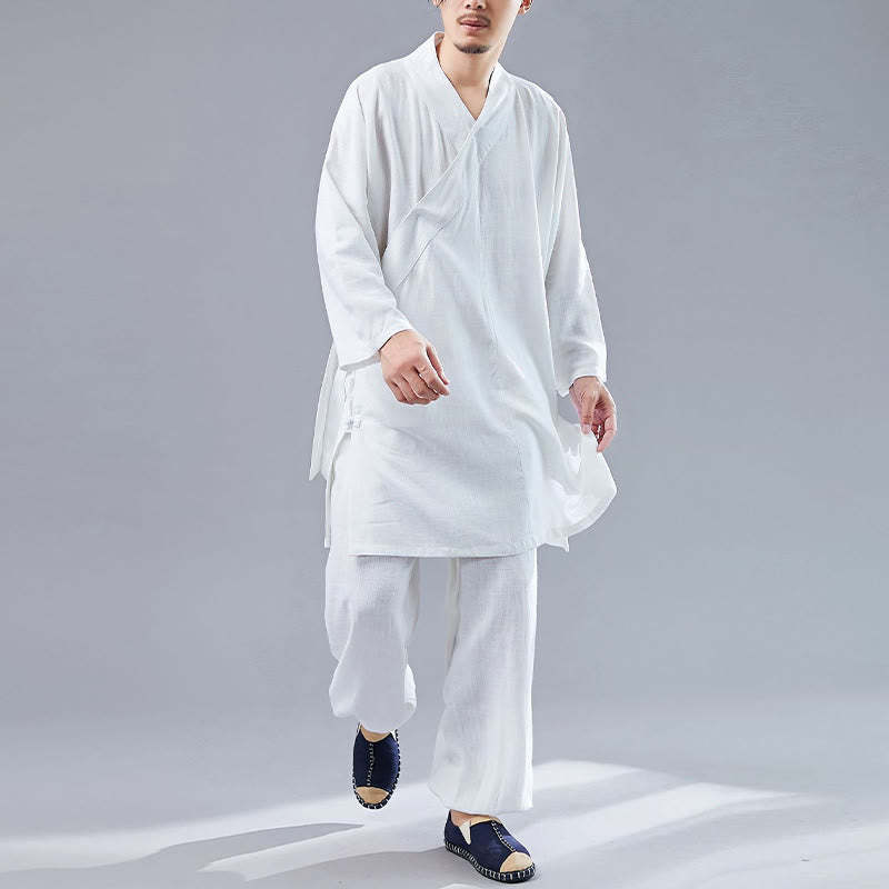 2Pcs V-Neck Men's Long Sleeve Shirt Top Pants Meditation Zen Tai Chi Cotton Linen Clothing Set