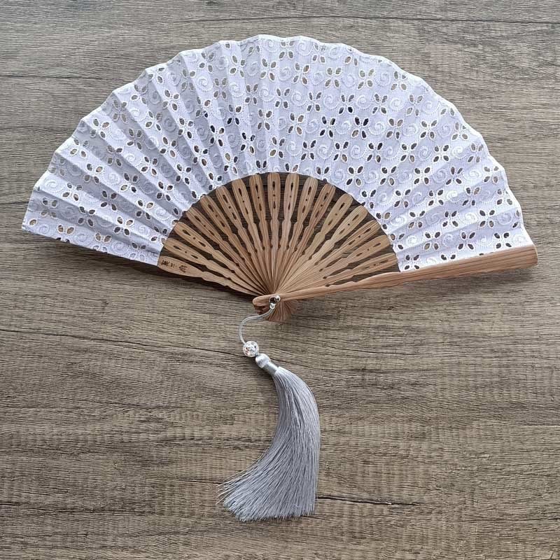 Solid Color Hollow Flowers Embroidery Cotton Fabric Handheld Bamboo Folding Fan
