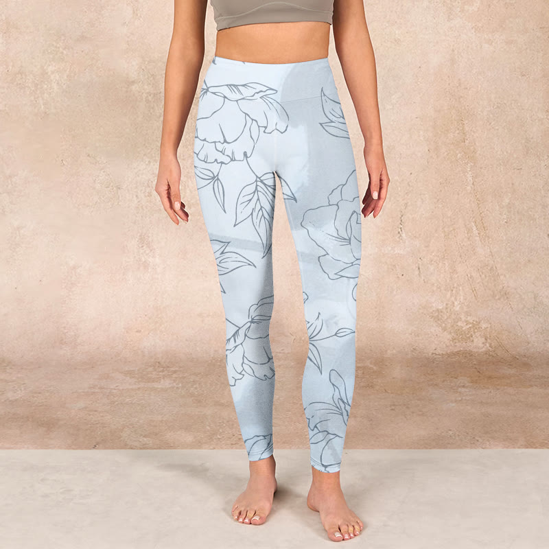 Peony Flower Leaves Print Gym Leggings Women's Yoga Pants