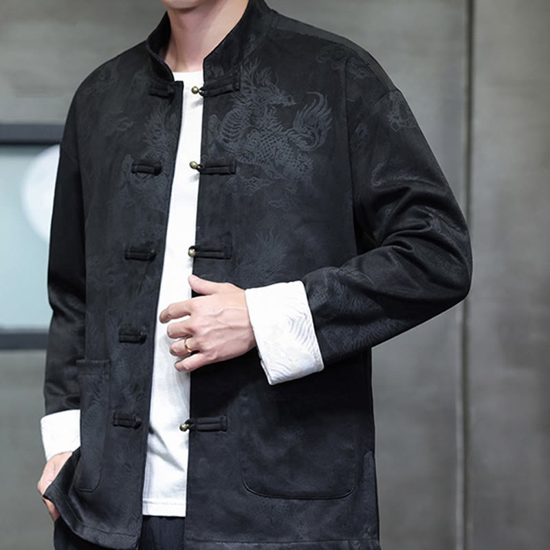Chinese New Year Kirin Print Frog-button Tang Suit Men's Jacket Shirt With Pockets