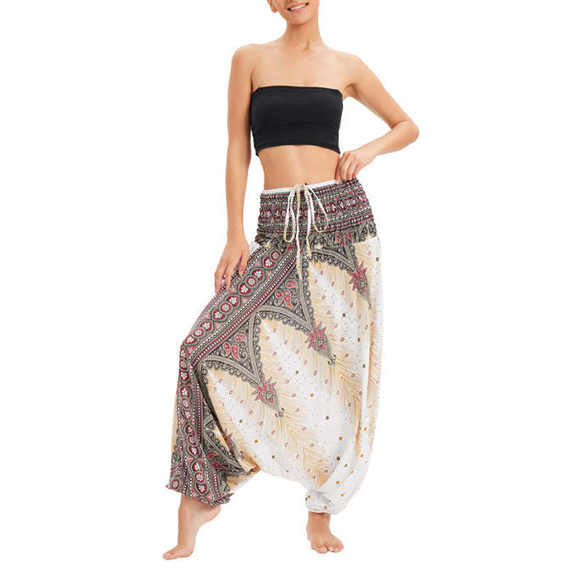 Two Style Wear Peacock Feather Loose Smocked Harem Trousers Jumpsuit High Waist Pants