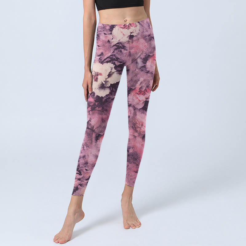 Purple Peony Flowers Print Gym Leggings Women's Yoga Pants