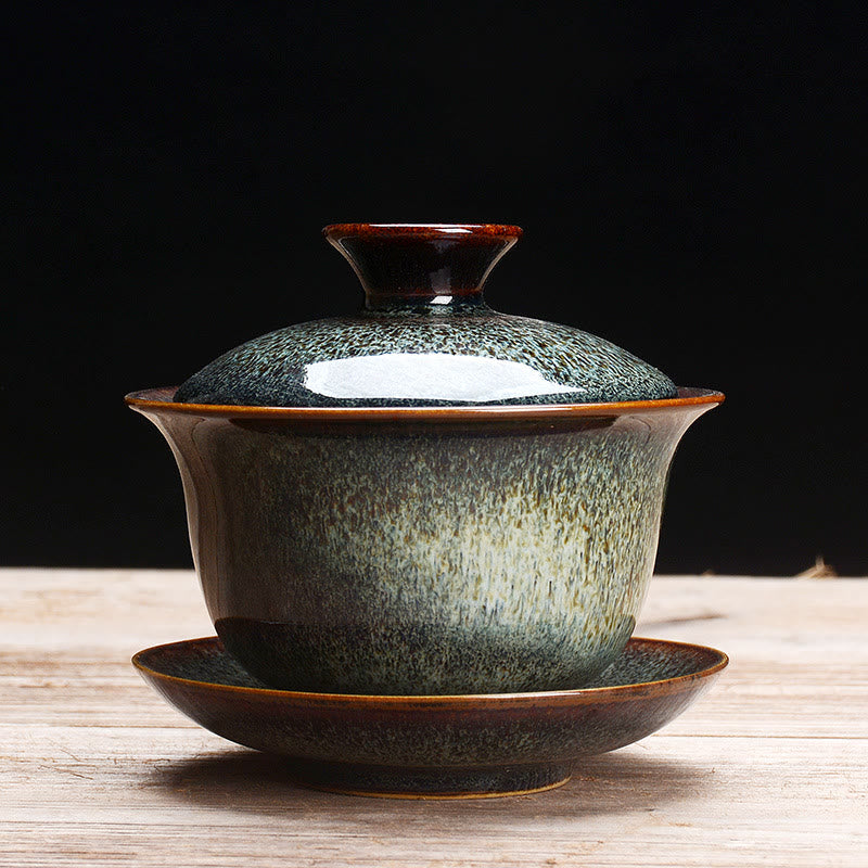 Vintage Kiln Change Design Ceramic Gaiwan Sancai Teacup Kung Fu Tea Cup And Saucer With Lid