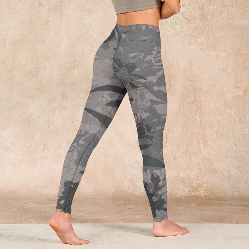 Gray Leaves Print Gym Leggings Women's Yoga Pants