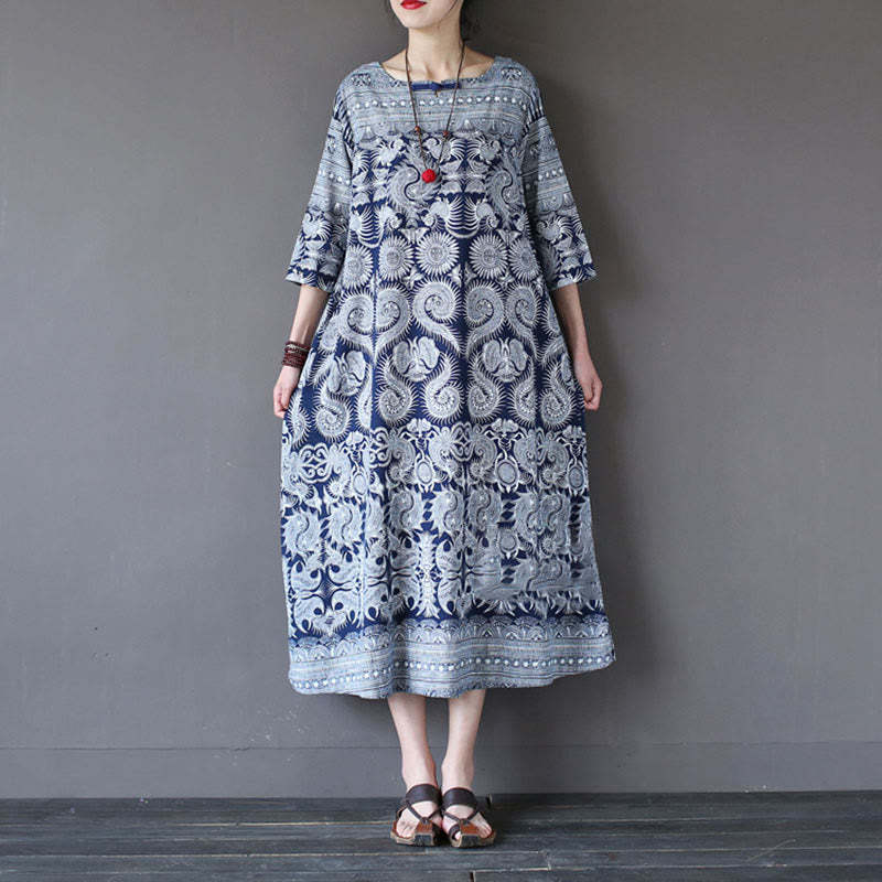Blue White Flower Printed Button Midi Dress Three Quarter Sleeve Cotton Linen Dress With Pockets