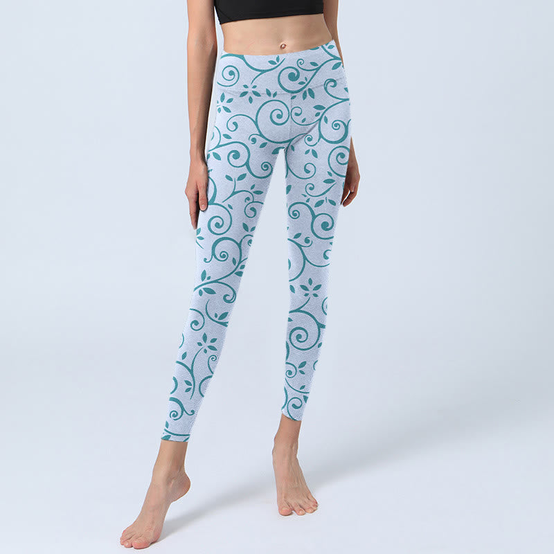 Blue Vine Leaves Print Gym Leggings Women's Yoga Pants
