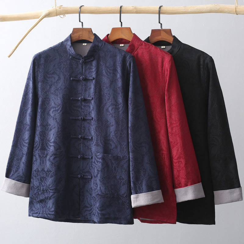 Chinese New Year Jacquard Embroidery Solid Color Cuff Frog-button Tang Suit Cotton Men's Jacket Shirt With Pockets