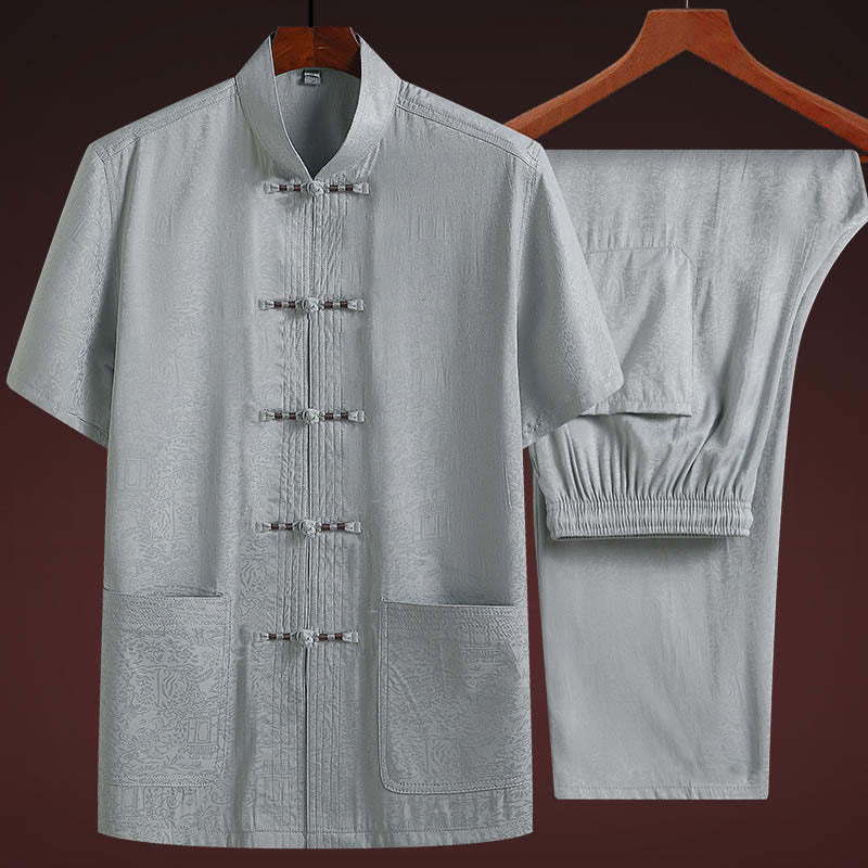 Along the River During the Qingming Festival Pattern Traditional Tang Suit Short Sleeve Shirt Pants Clothing Men's Set