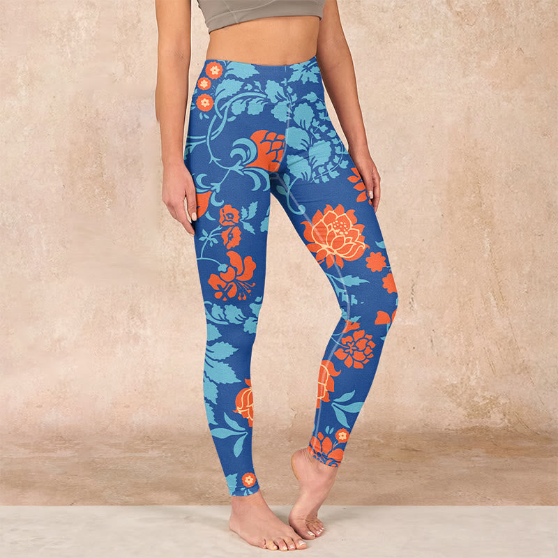 Steel Blue Red Tulips Flowers Leaves Print Gym Leggings Women's Yoga Pants