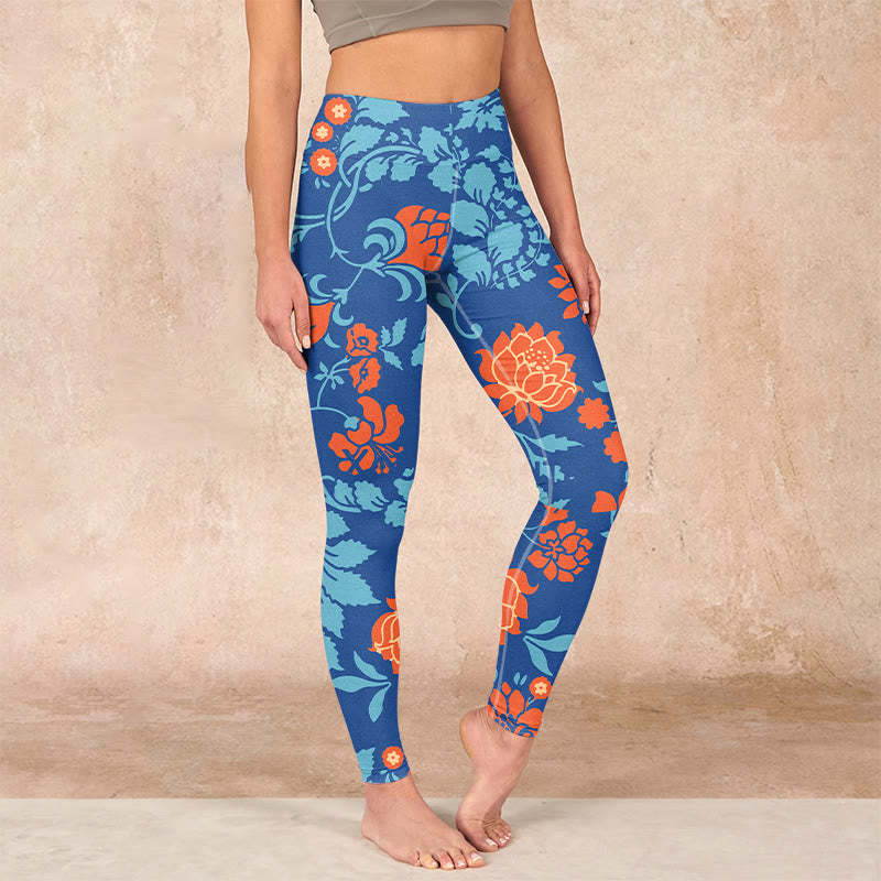 Steel Blue Red Tulips Flowers Leaves Print Gym Leggings Women's Yoga Pants