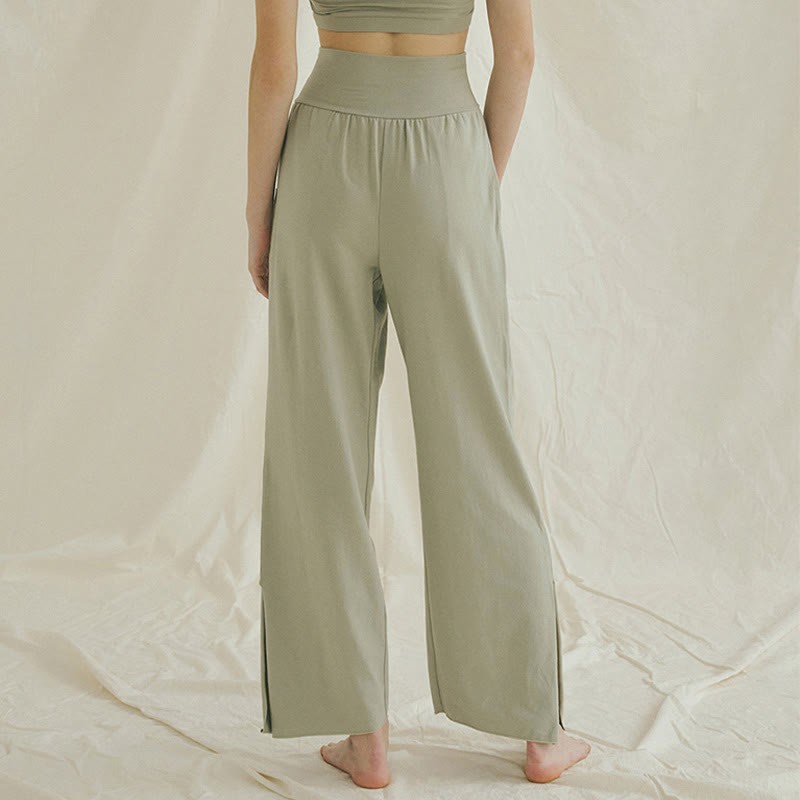Casual Loose Tie-down Hem Plain High Waist Women's Leica Pants With Pockets