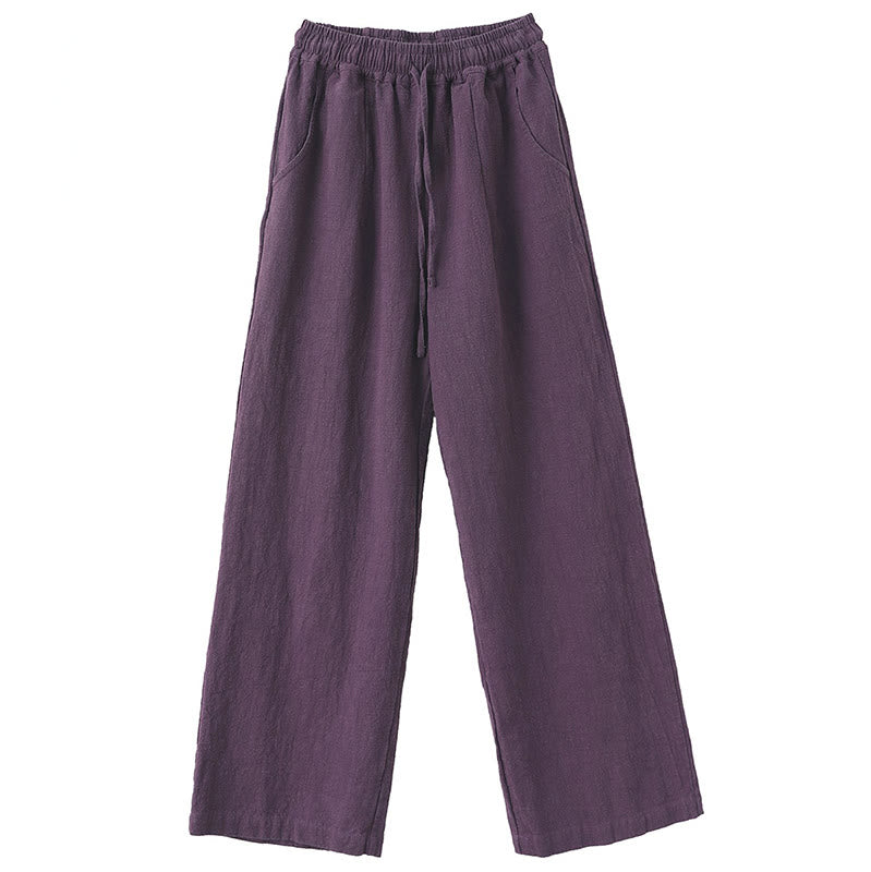 Casual Plain Loose Straight Leg Women's Ramie Cotton Wide Leg Pants With Pockets