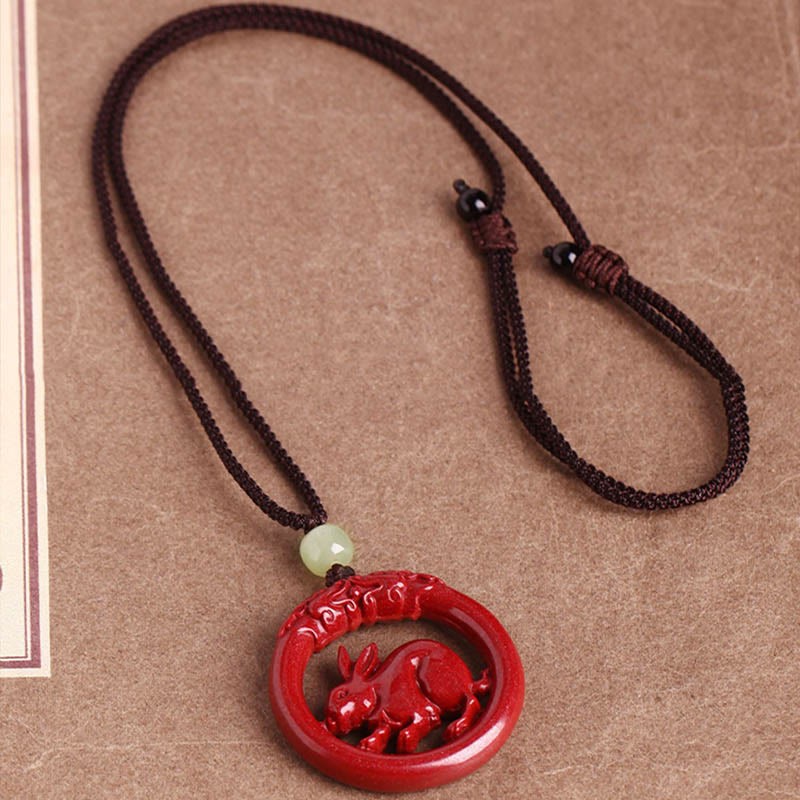 Chinese Zodiac Cinnabar Hetian Jade Peace Buckle Calm Necklace Pendant