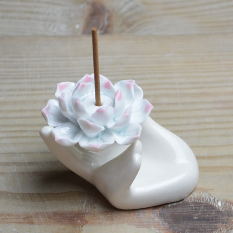 Small Ceramic Lotus Hand Healing Meditation Incense Burner Decoration