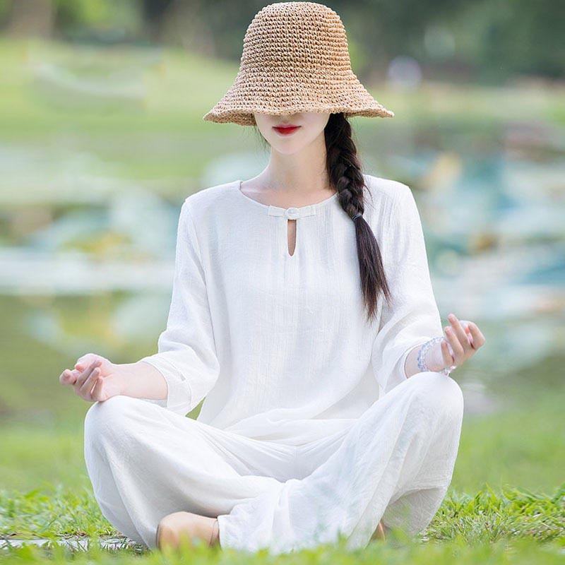 2Pcs Plain Design Top Pants Meditation Yoga Zen Tai Chi Cotton Linen Clothing Women's Set