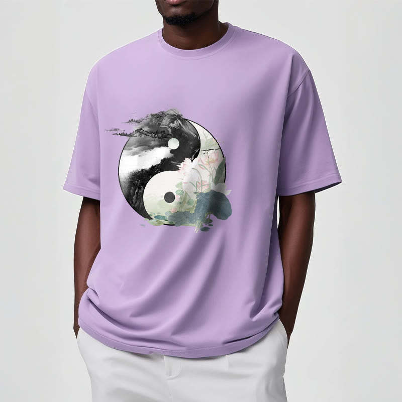 Yin Yang Lotus Leaf Ink Painting Cotton Tee T-shirt