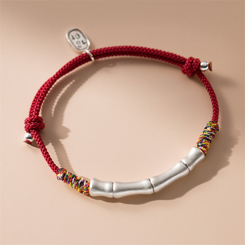 999 Sterling Silver Luck Bamboo Attract Fortune Colorful Red Rope Bracelet