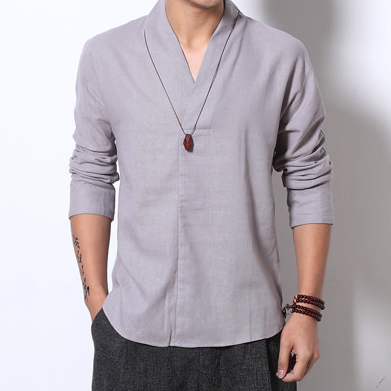Casual V-Neck Long Sleeve Shirt Linen Men Clothing