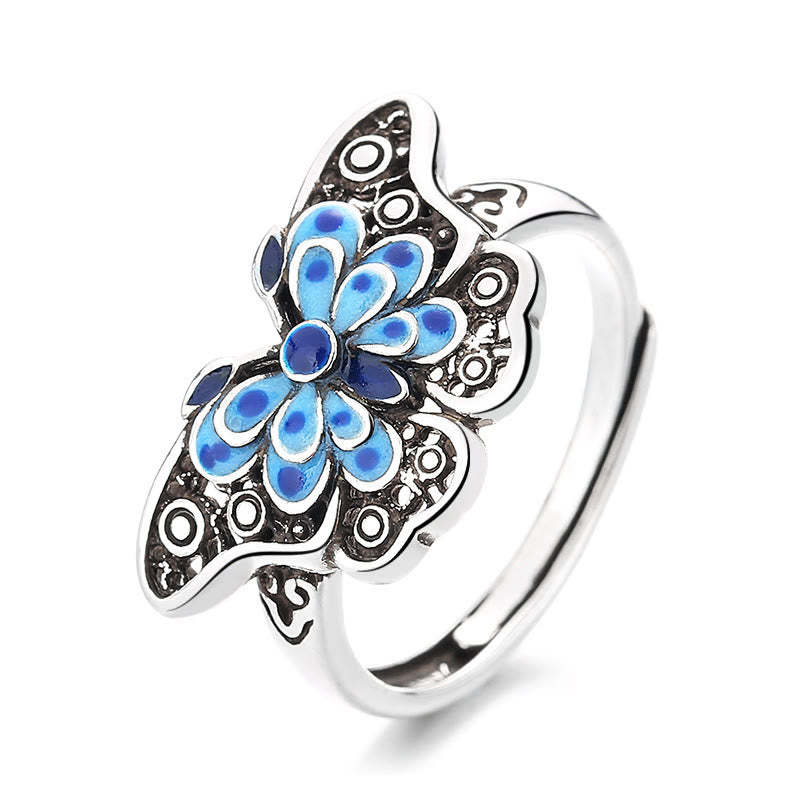 Hollow Enamel Blue Butterfly Pattern Love Ring