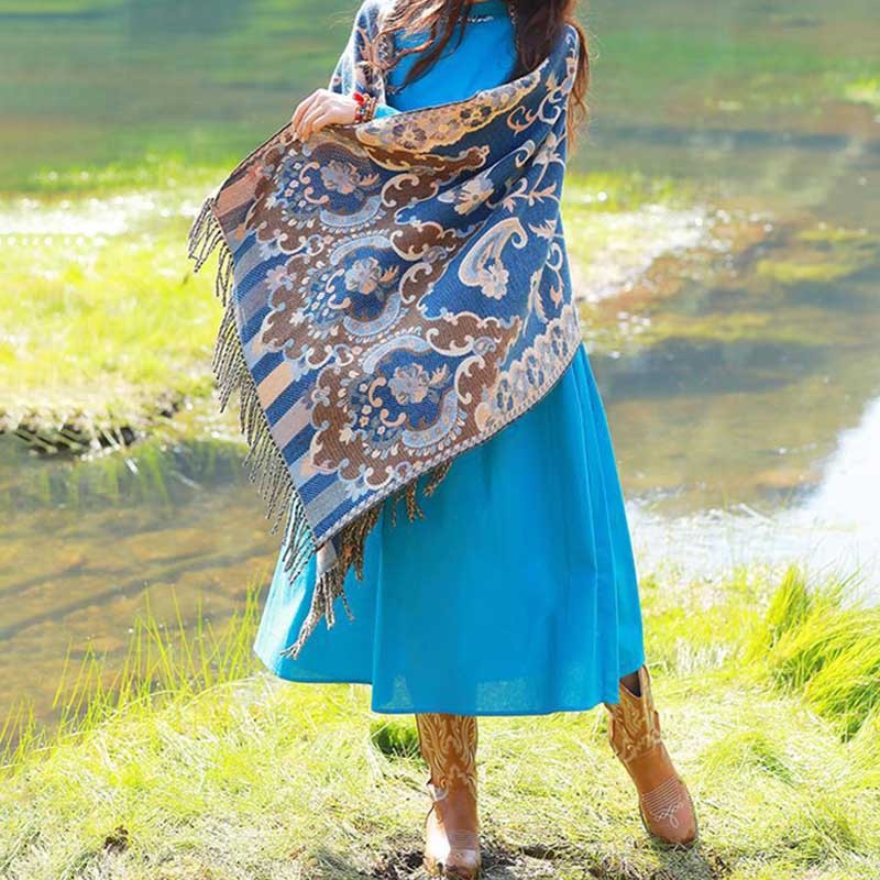 Tibetan Flowers Leaves Branch Design Tassel Shawl Cozy Travel Scarf Wrap
