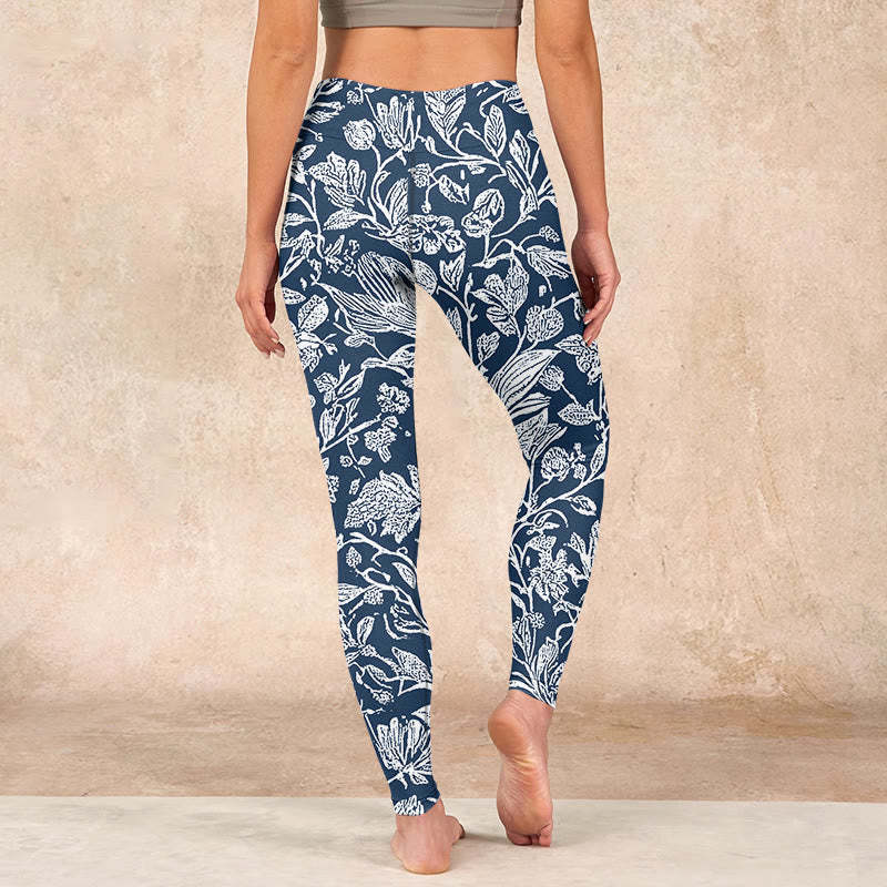 Dark Blue Flower Print Fitness Leggings Women's Yoga Pants
