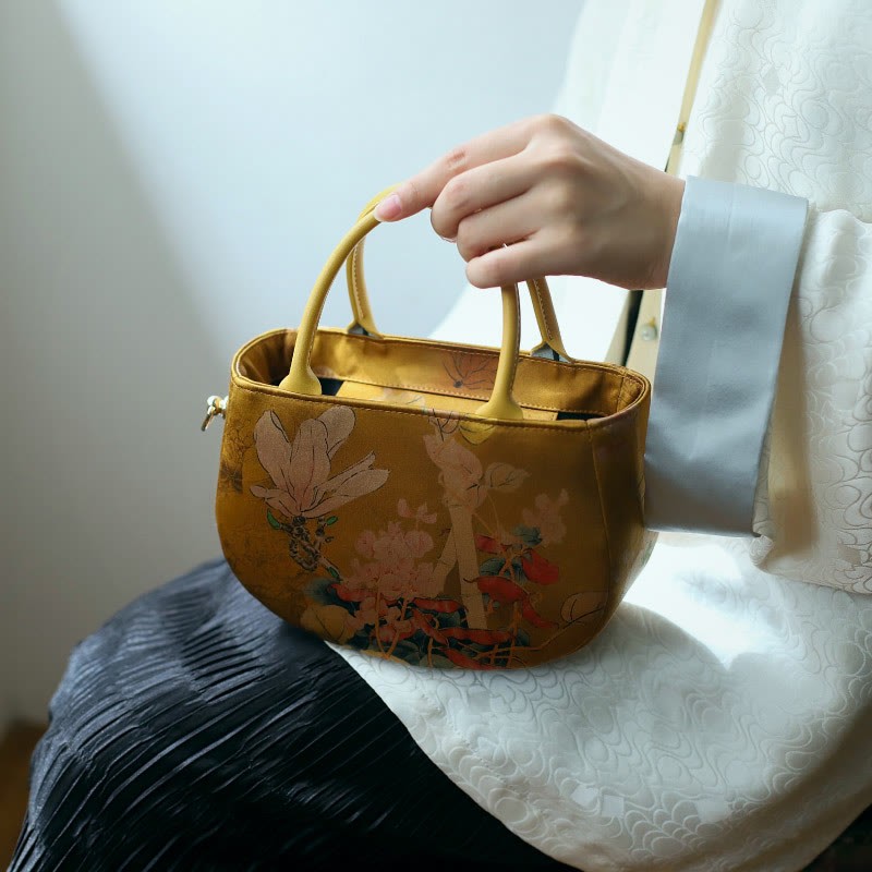 Vintage Flower Peony Metal Chain Zipper Handbag Crossbody Bag Shoulder Bag