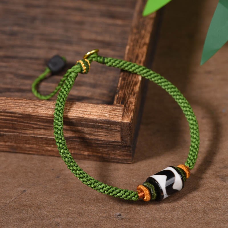 Handmade Tibetan Dzi Bead Protection Braided Green Rope Bracelet