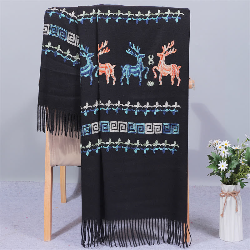 Rayon Fabric Shawl Sika Deer Embroidery Tassel Winter Cozy Travel Scarf Wrap