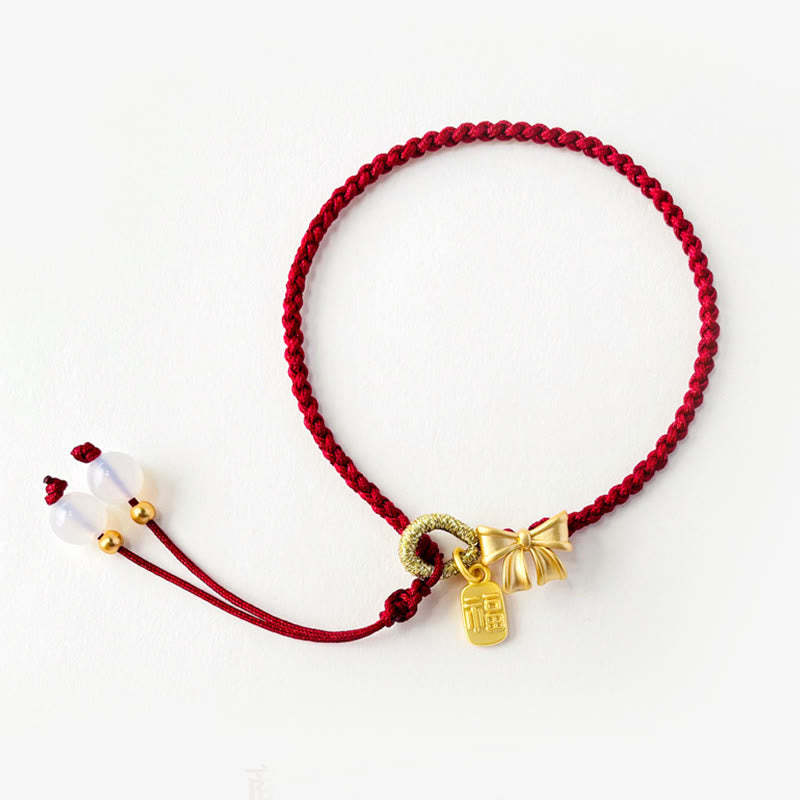 Handmade Peach Blossom Rosette Bow Knot Fu Character Charm Luck Fortune Red Rope Bracelet