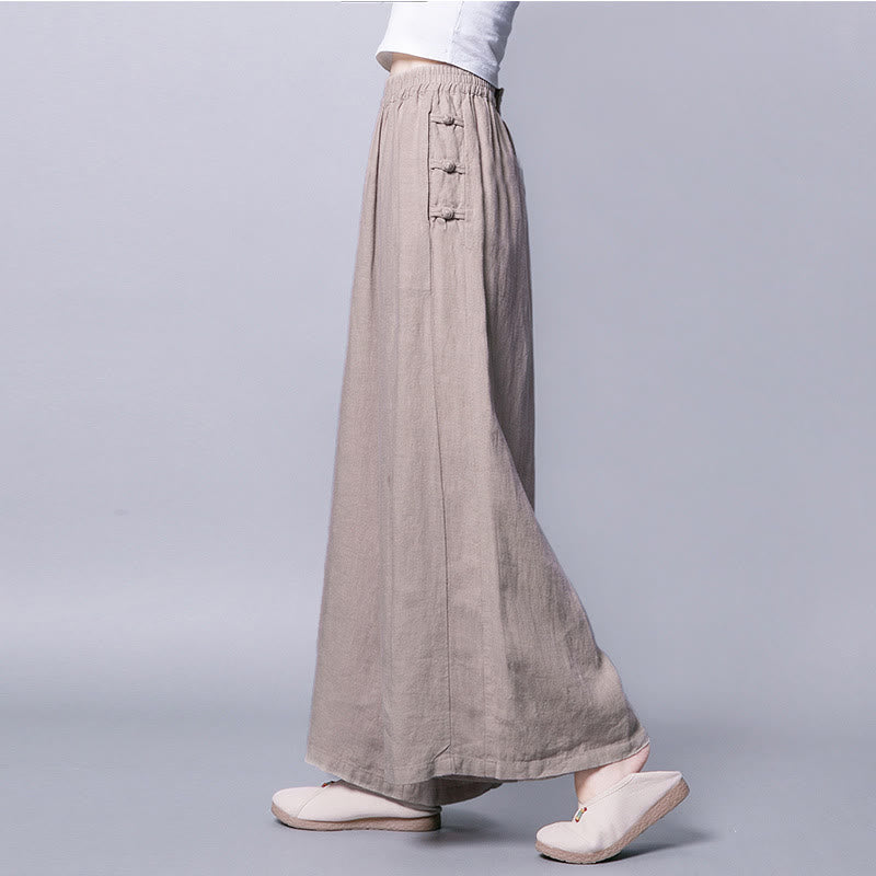 Casual Cotton Frog-Button High Waist Wide Leg Pants With Pockets