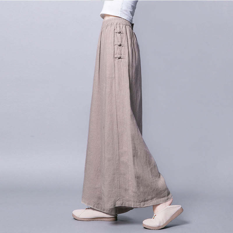 Casual Cotton Frog-Button High Waist Wide Leg Pants With Pockets