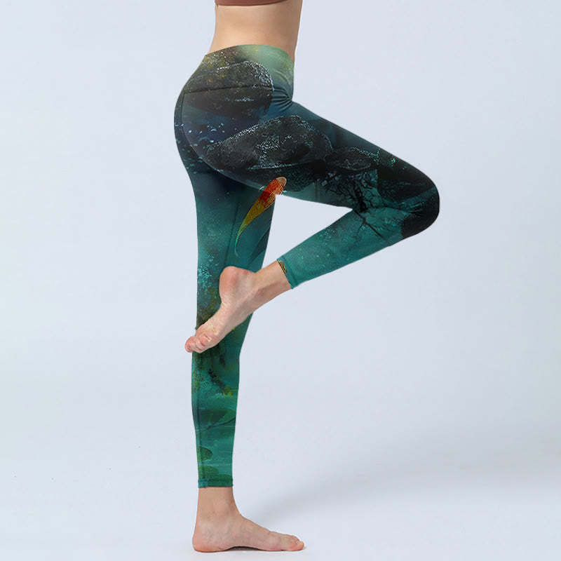 Pond Koi Fish Rocks Print Sports Leggings Women's Yoga Pants