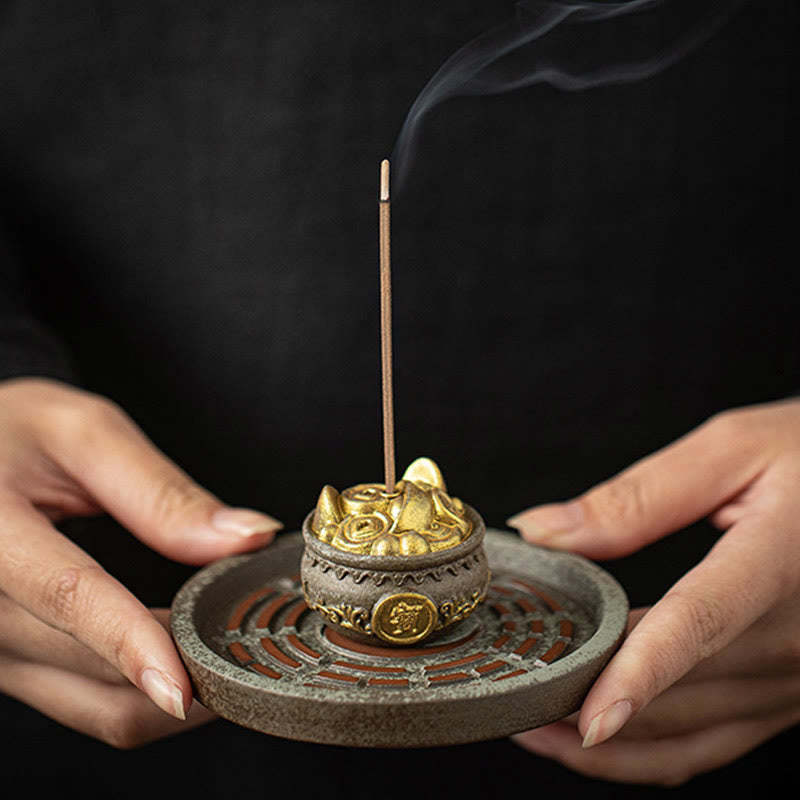 Small Treasure Bowl Lucky Bag Bagua Tray Healing Ceramic Stick Incense Burner Decoration