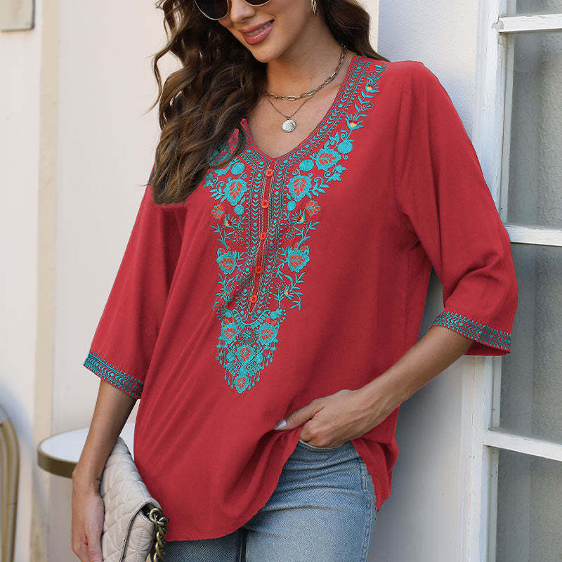 Summer Casual Embroidery Flower Leaf Half Sleeve V-neck Cotton Women's T-Shirt