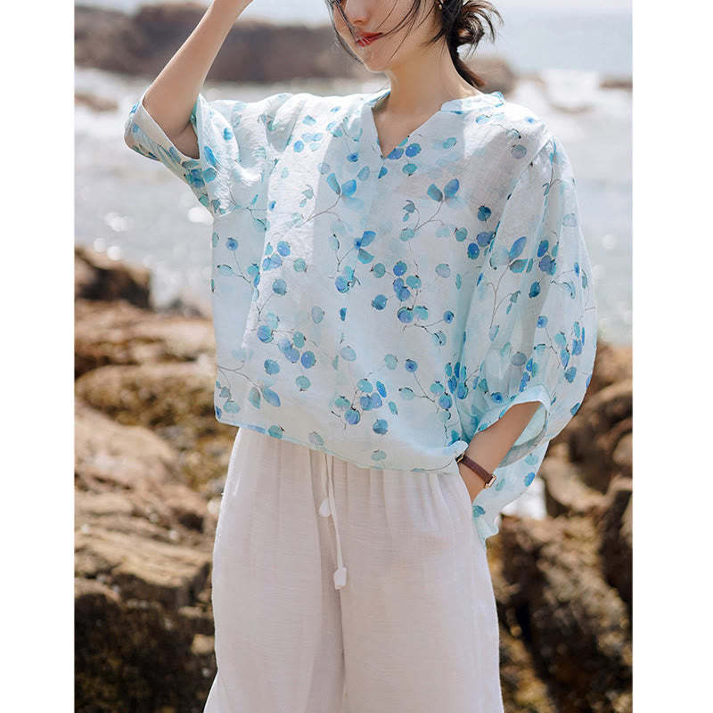 Fruits Leaves Pattern Lantern Sleeve Top Loose Tee T-shirt