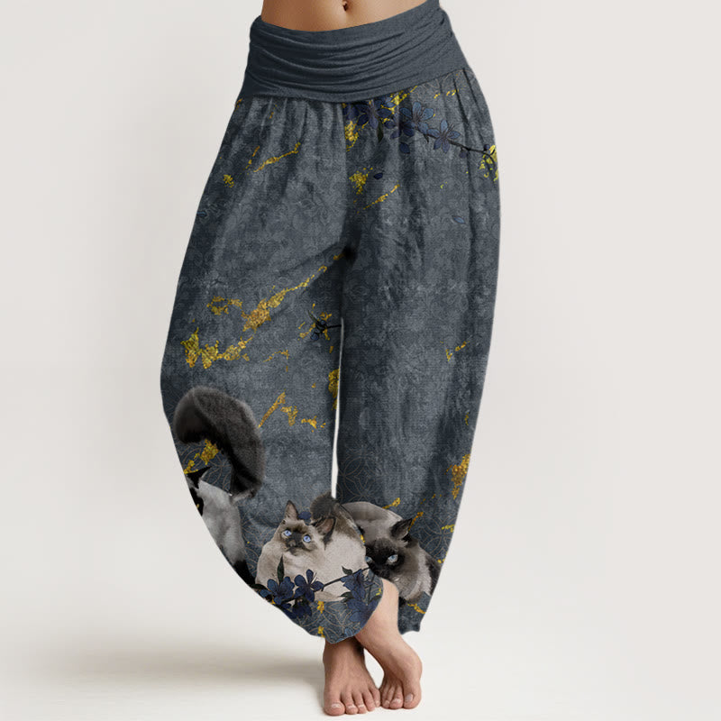 Siamese Cats Flower Coin Pattern Women's Elastic Waist Harem Pants