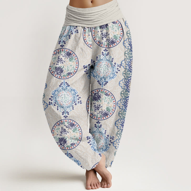 Round Diamond Shape Chinese Floral Design Women's Elastic Waist Harem Pants