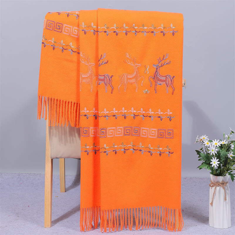Rayon Fabric Shawl Sika Deer Embroidery Tassel Winter Cozy Travel Scarf Wrap