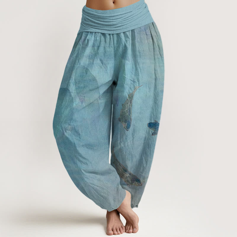 Koi Fish Leaves Pattern Women's Elastic Waist Harem Pants