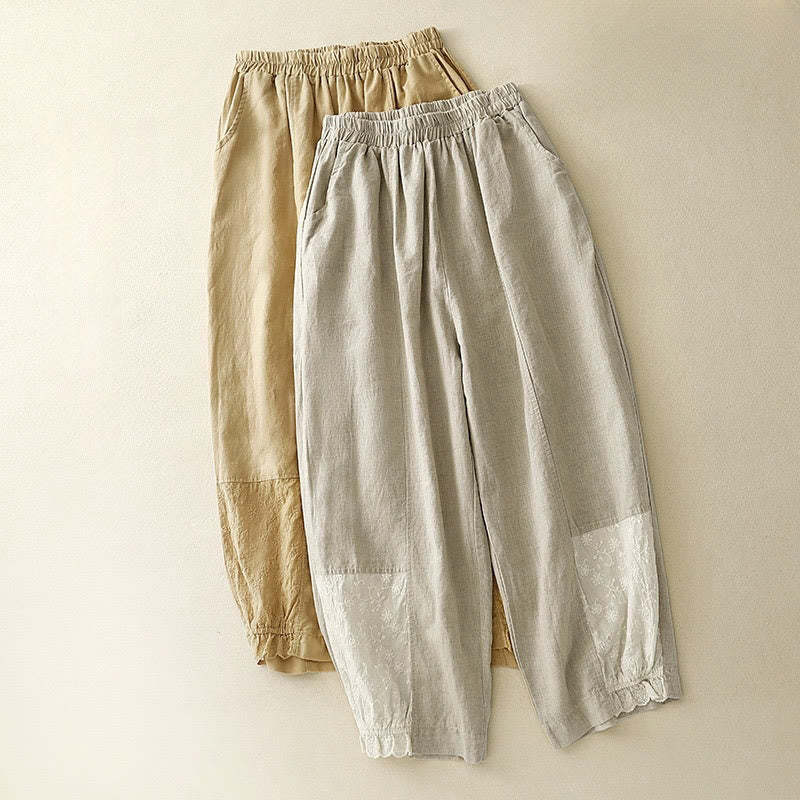 Casual Embroidery Patchwork Fabric 7-8 Length Cropped Pants Women's Cotton Harem Pants With Pockets