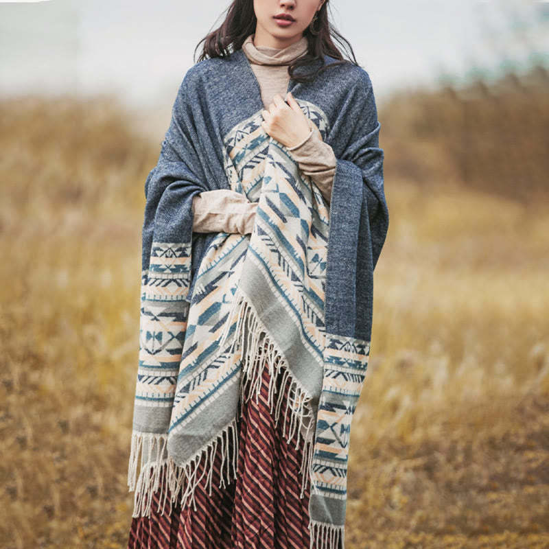 Tibetan Geometric Rhombus Pattern Tassels Shawl Fall Winter Warm Cozy Scarf Wrap