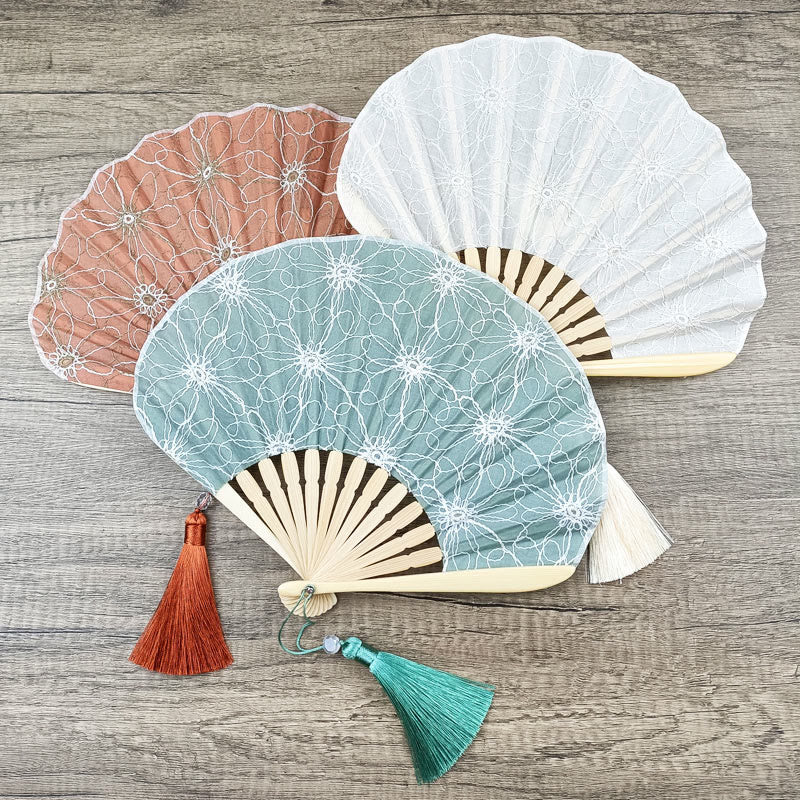 Retro Large Flower Embroidery Shell Shape Tassels Handheld Bamboo Folding Fan