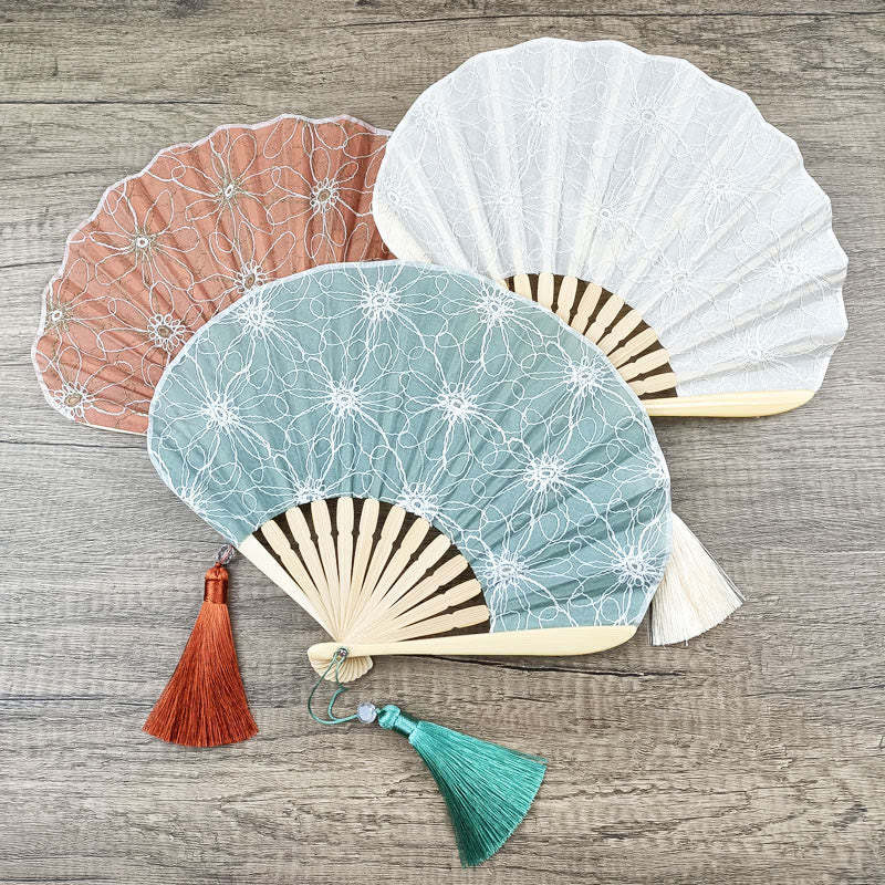 Retro Large Flower Embroidery Shell Shape Tassels Handheld Bamboo Folding Fan