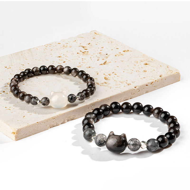 Natural Silver Sheen Obsidian Cute Cat Head Protection Bracelet